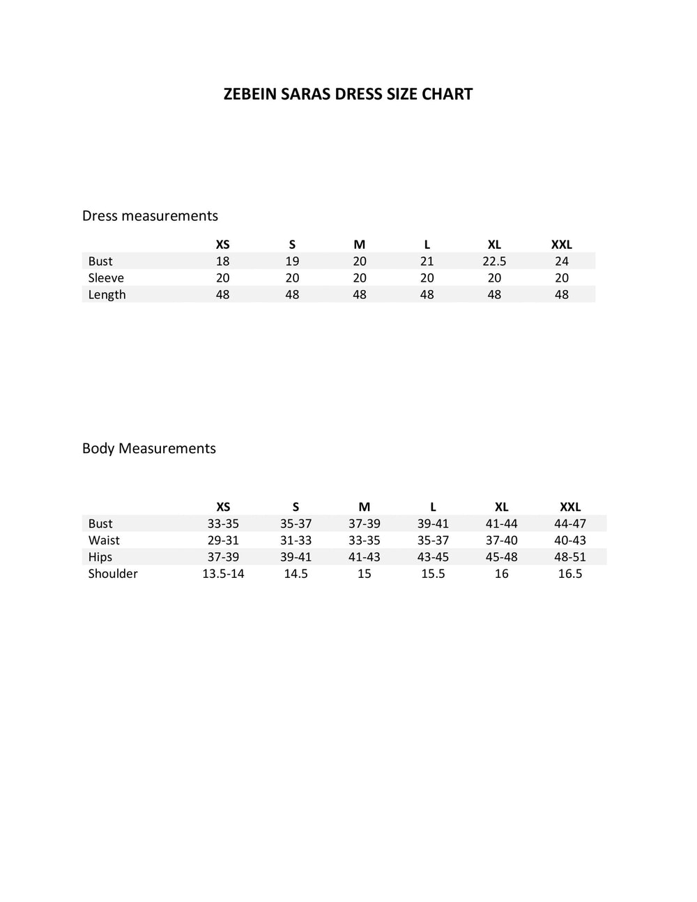 Size Chart 1