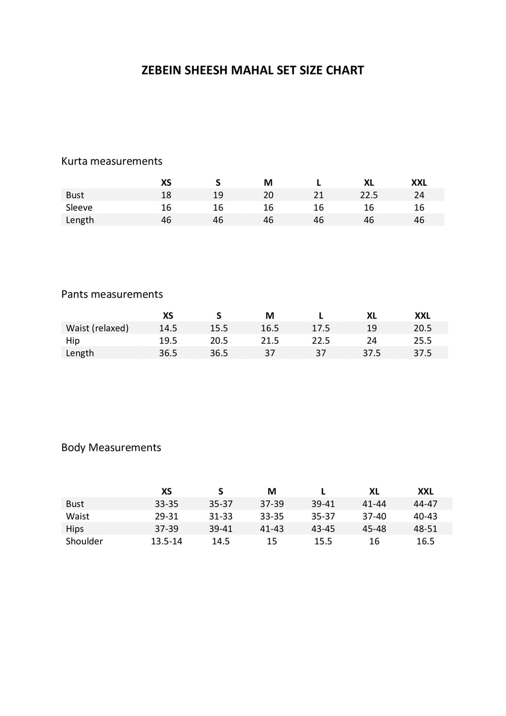 Size Chart 1