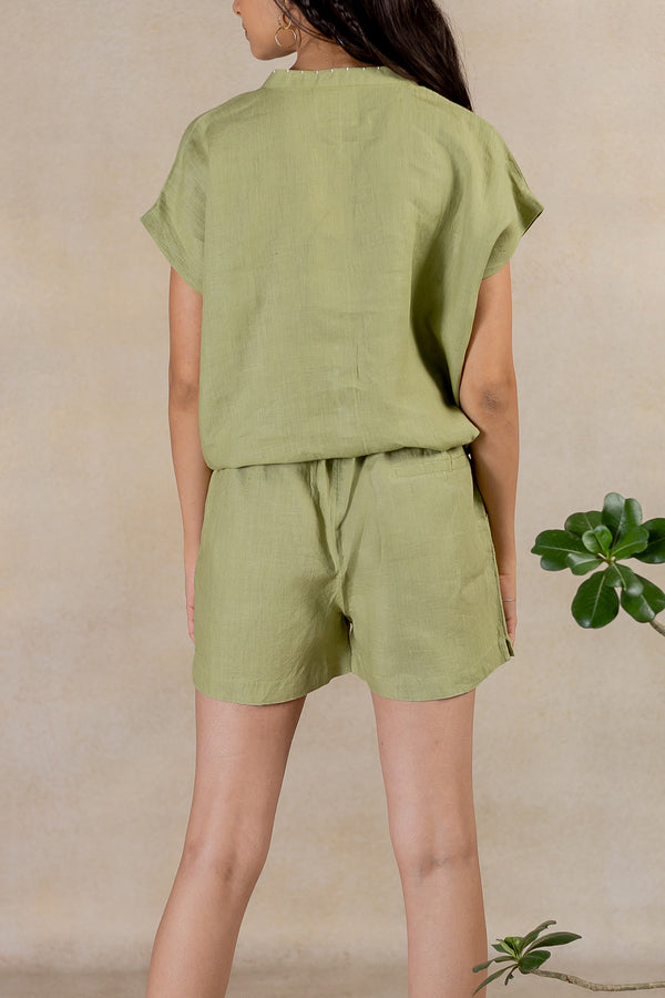 Linen Front Zipper Shorts - Meadow Green