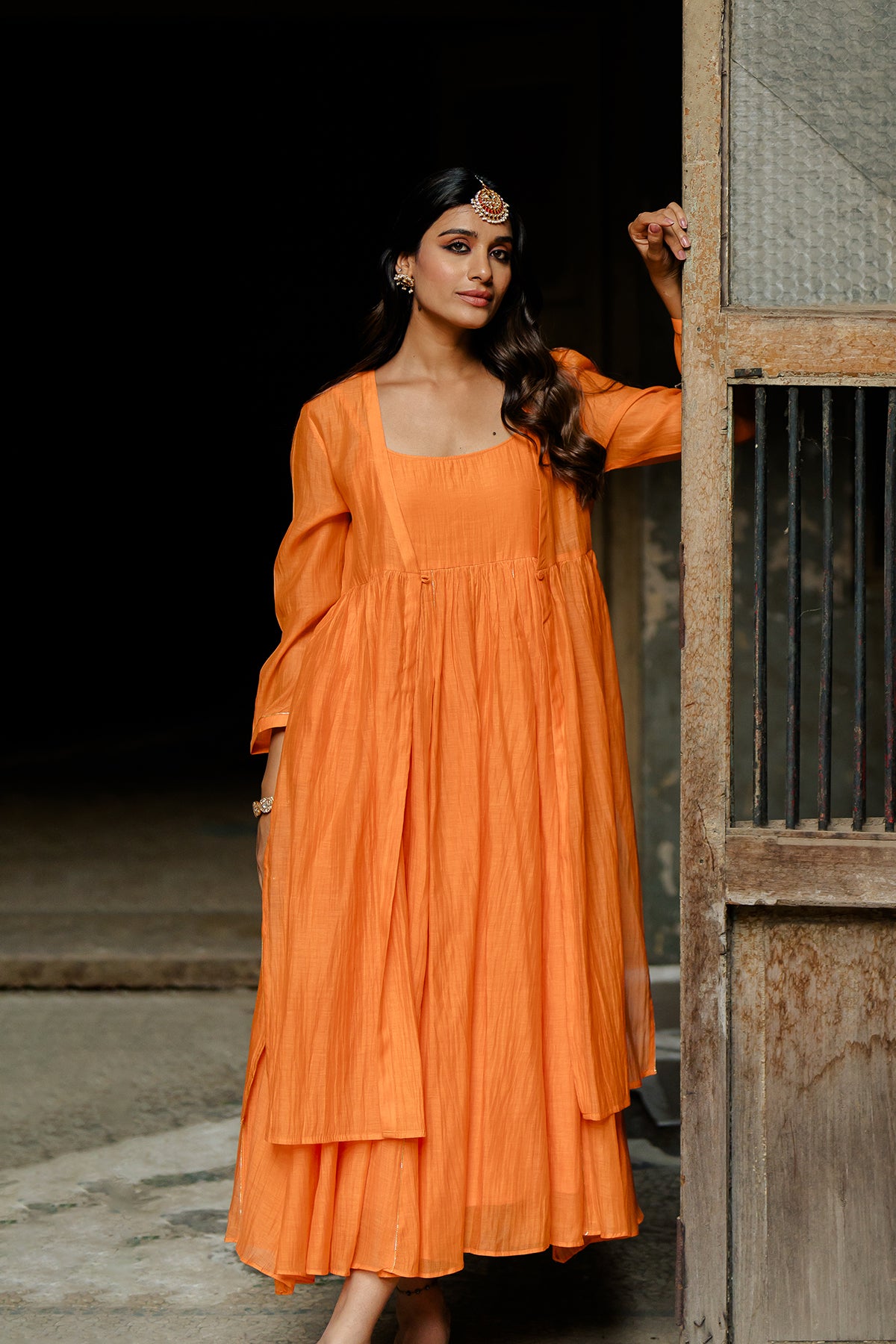 Saanjh Chanderi Silk Jacket - Orange