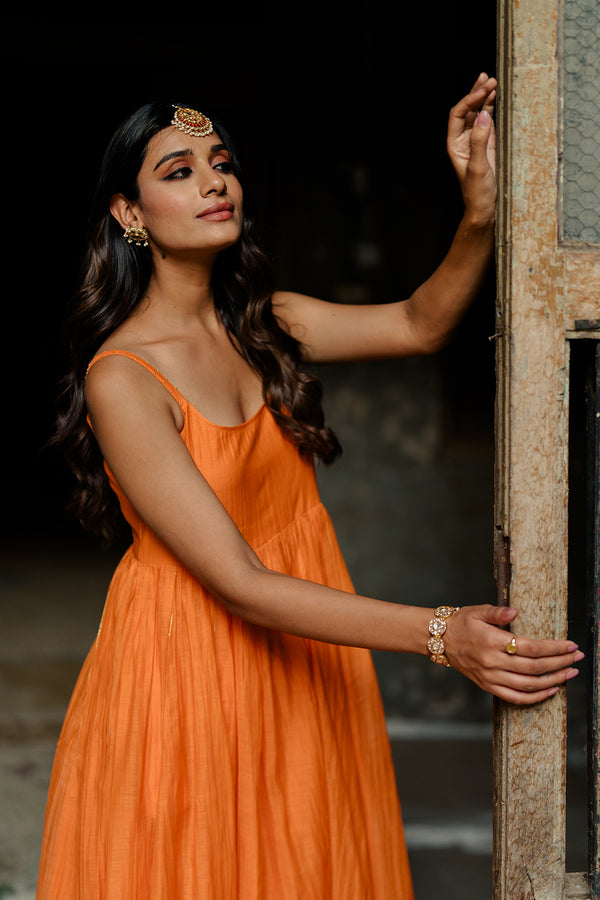 Saanjh Panel Chanderi Silk Dress - Orange