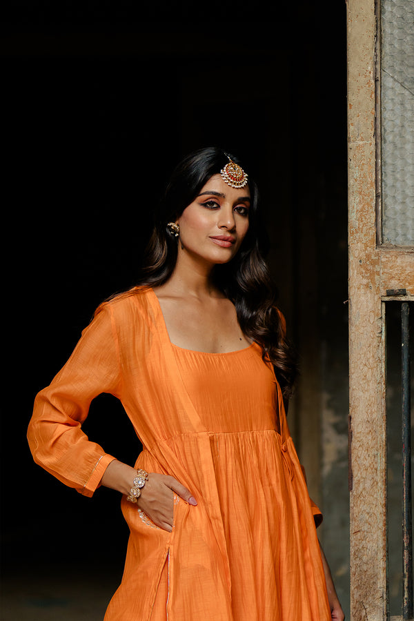 Saanjh Panel Chanderi Silk Dress - Orange