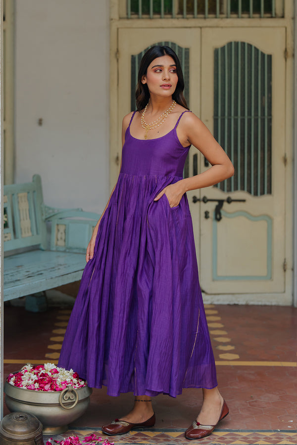Saanjh Panel Chanderi Silk Dress - Purple