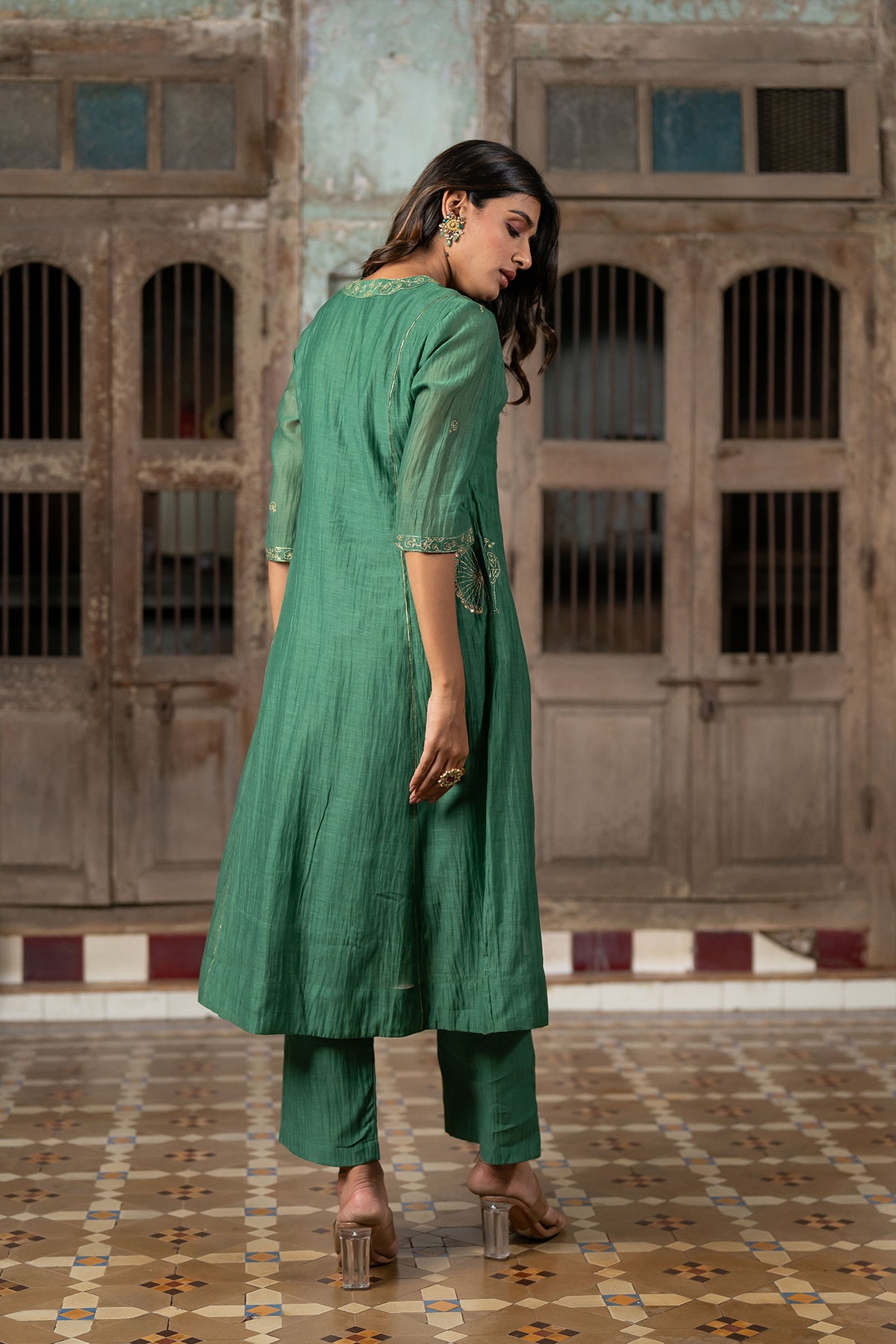 Sadabahar Chanderi silk Kurta and pants - Green