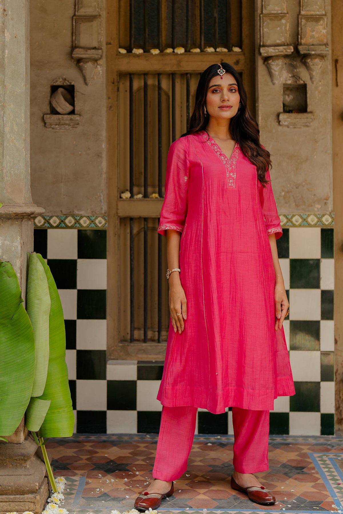 Sadabahar Chanderi silk Kurta and pants - Pink