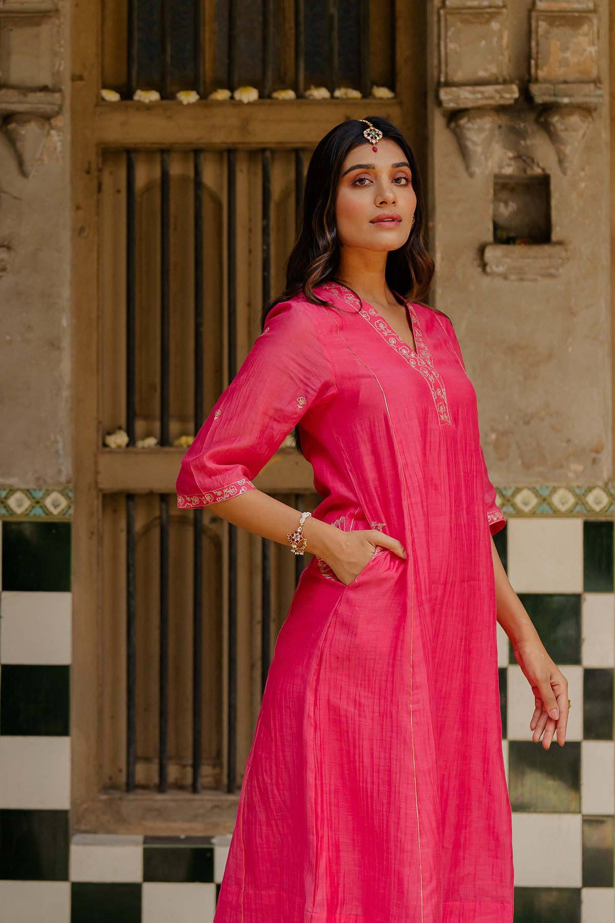 Sadabahar Chanderi silk Kurta and pants - Pink