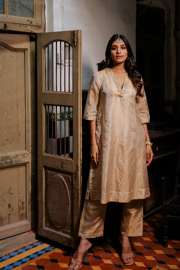 Sadabahar Tissue v neck panel kurta with pants - Gold