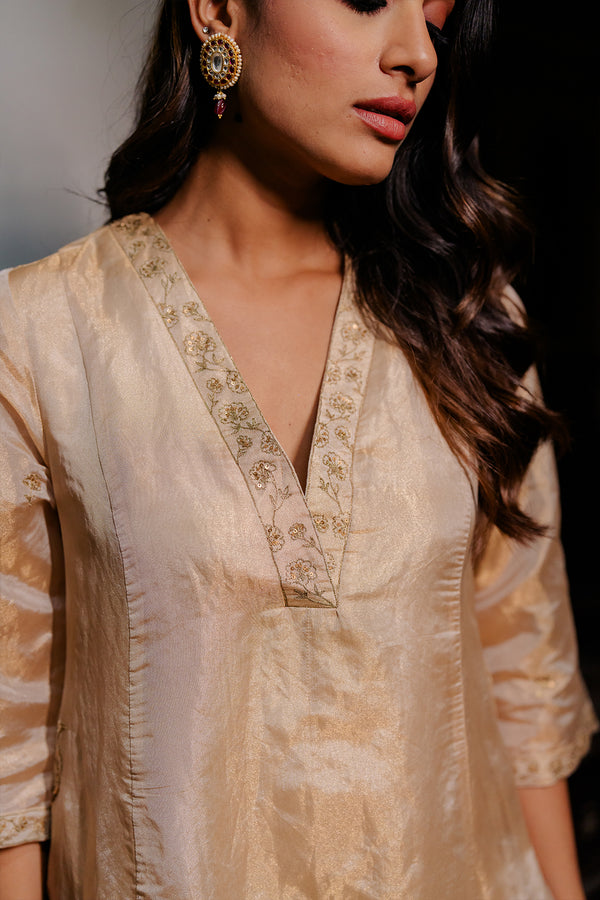 Sadabahar Tissue v neck panel kurta with pants - Gold
