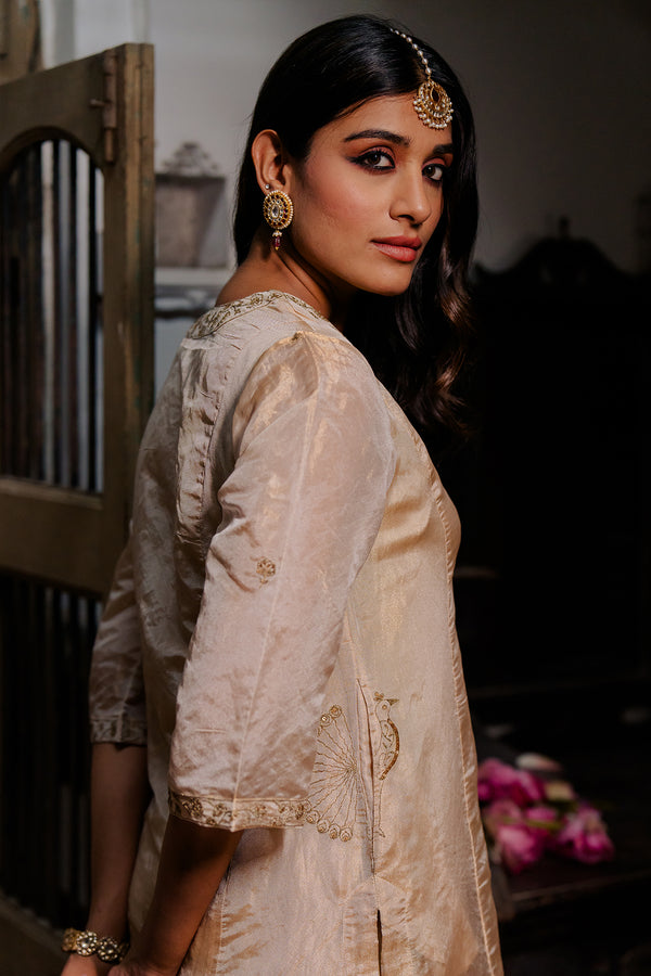 Sadabahar Tissue v neck panel kurta with pants - Gold