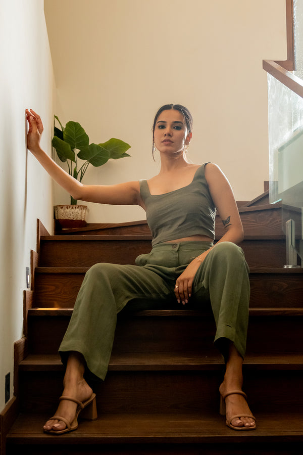 Sal Linen Sleeveless Top – Olive Green
