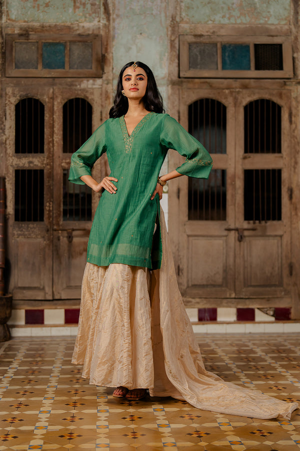Samina Chanderi silk short v-neck kurta with tissue Gharara - Gold and Green