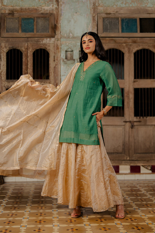 Samina Chanderi silk short v-neck kurta with tissue Gharara - Gold and Green