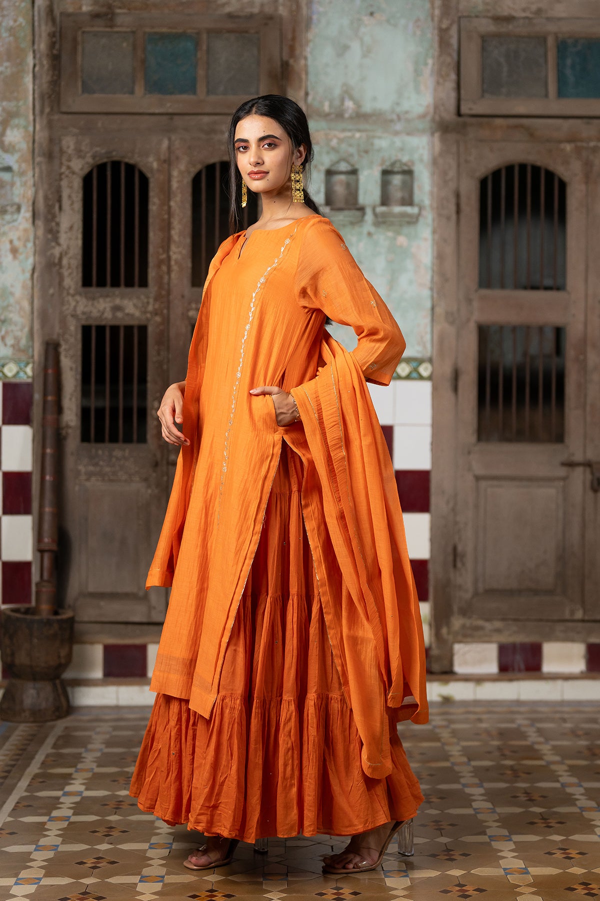 Sandhaya Chanderi Silk straight panel kurta with multi-tier skirt - Orange