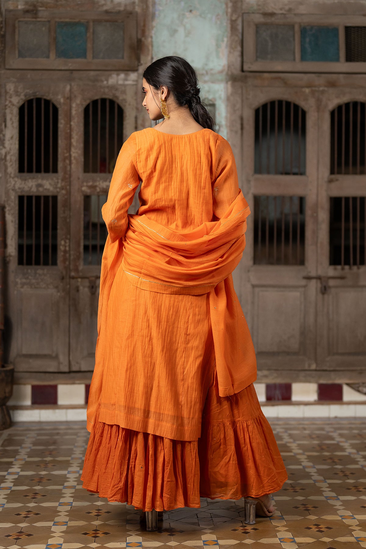 Sandhaya Chanderi Silk straight panel kurta with multi-tier skirt - Orange