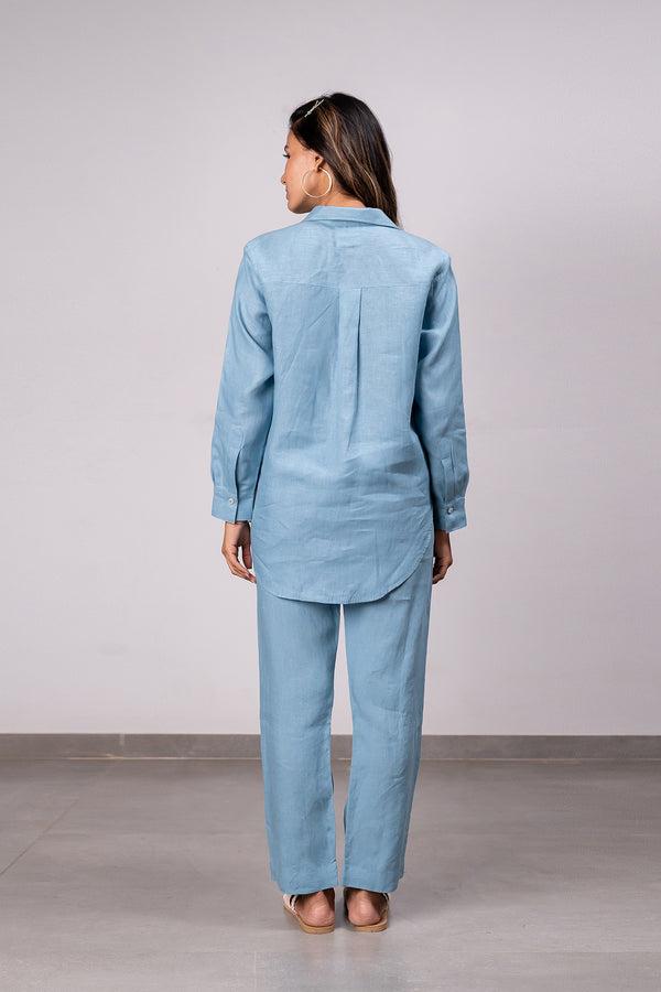 Sandra Linen Curved Hem Shirt - Icy Blue