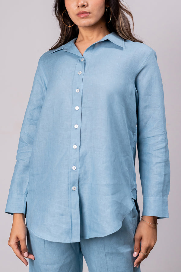 Sandra Linen Curved Hem Shirt - Icy Blue