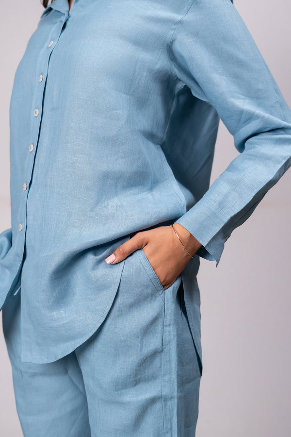 Sandra Linen Curved Hem Shirt - Icy Blue