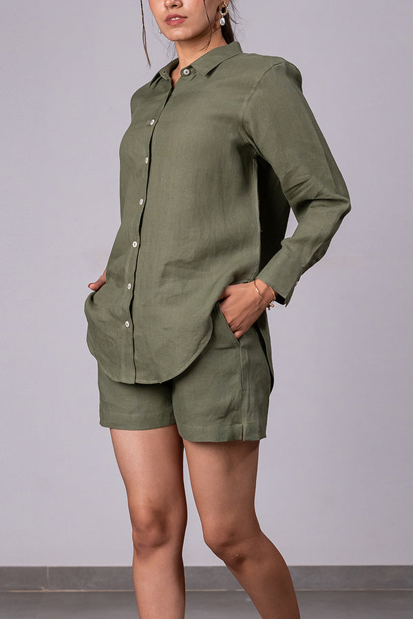 Sandra Linen Curved Hem Shirt – Olive Green