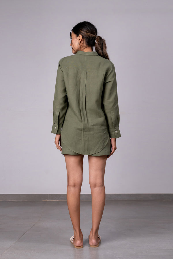 Sandra Linen Curved Hem Shirt – Olive Green