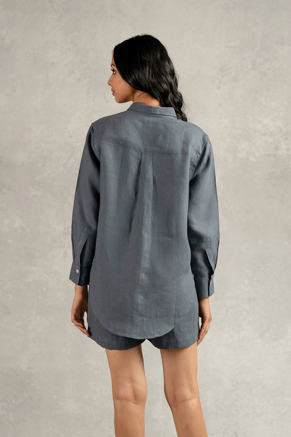 Sandra Linen Curved Hem Shirt - Charcoal Grey