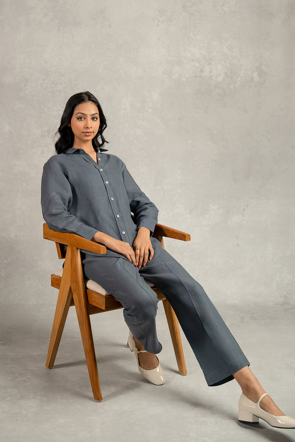 Sandra Linen Curved Hem Shirt - Charcoal Grey