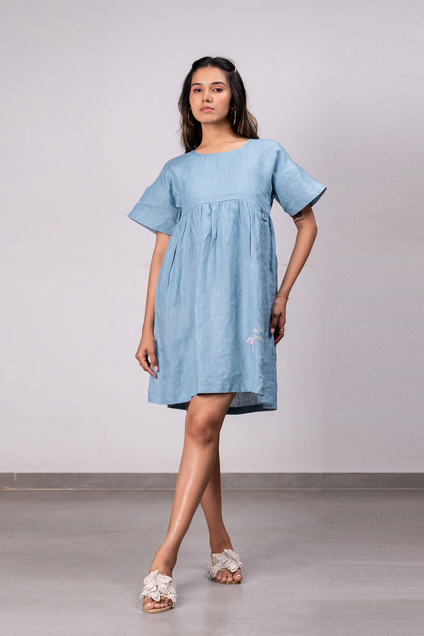 Silvia Linen Boxy Short Dress With Pockets – Icy Blue