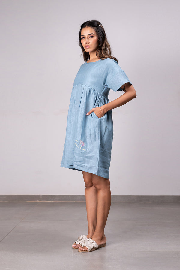 Silvia Linen Boxy Short Dress With Pockets – Icy Blue