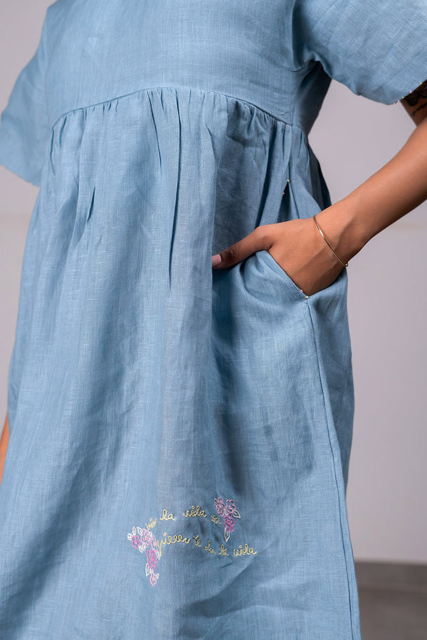 Silvia Linen Boxy Short Dress With Pockets – Icy Blue