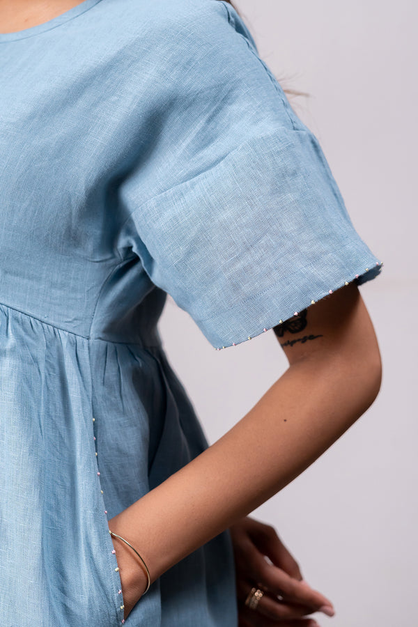 Silvia Linen Boxy Short Dress With Pockets – Icy Blue