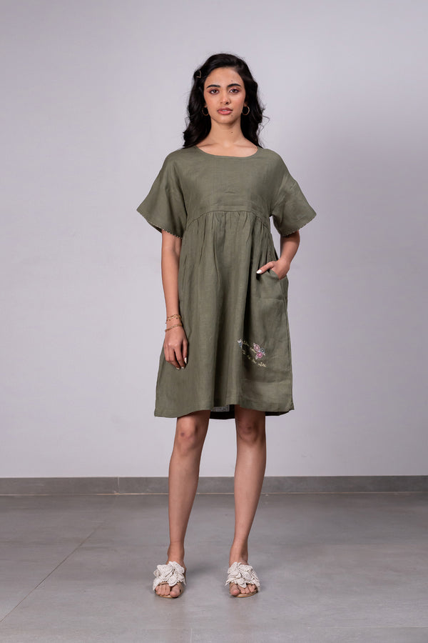 Silvia Linen Boxy Short Dress With Pockets – Olive Green