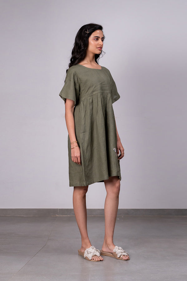 Silvia Linen Boxy Short Dress With Pockets – Olive Green