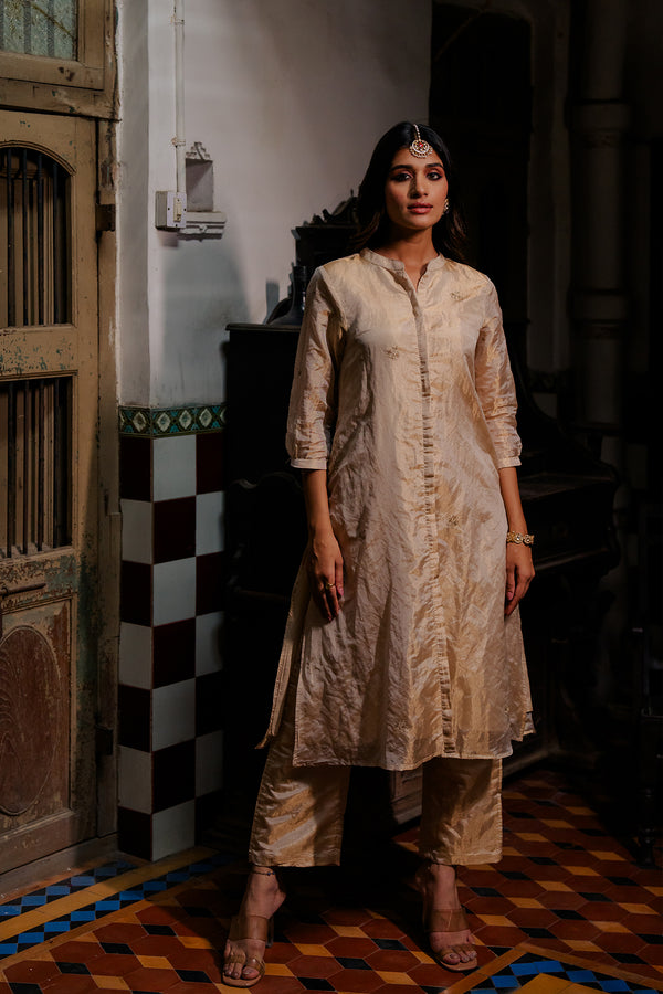Sona Mandarin collar straight Tissue kurta with pants - Gold