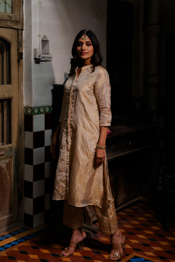 Sona Mandarin collar straight Tissue kurta with pants - Gold