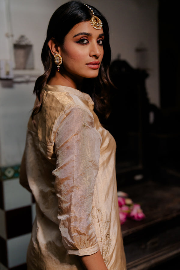 Sona Mandarin collar straight Tissue kurta with pants - Gold