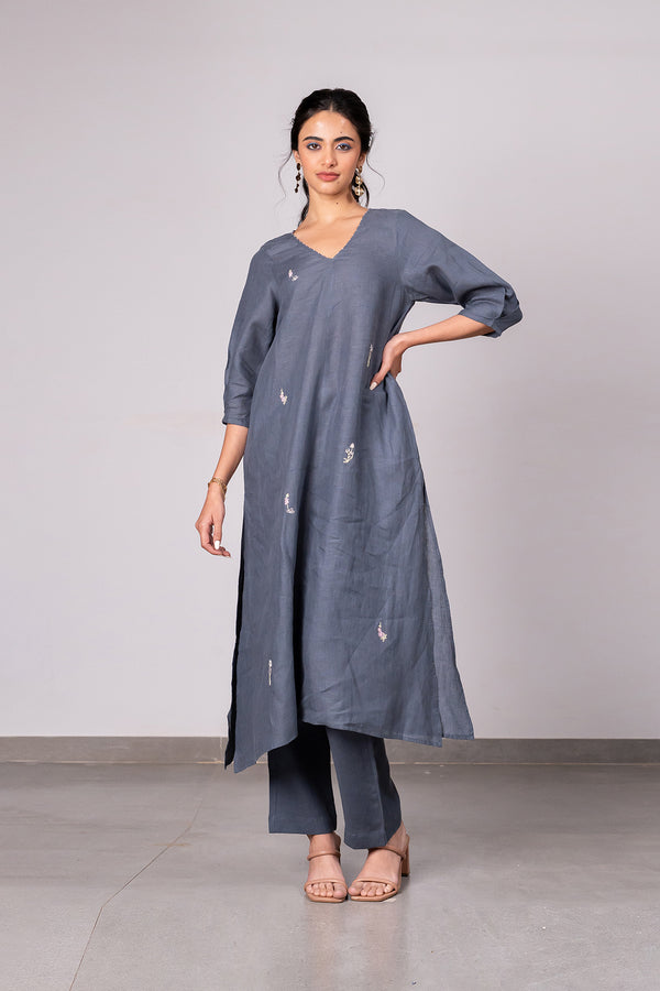 Sophia Linen Kurta-Pants Set With Pocket – Charcoal Grey