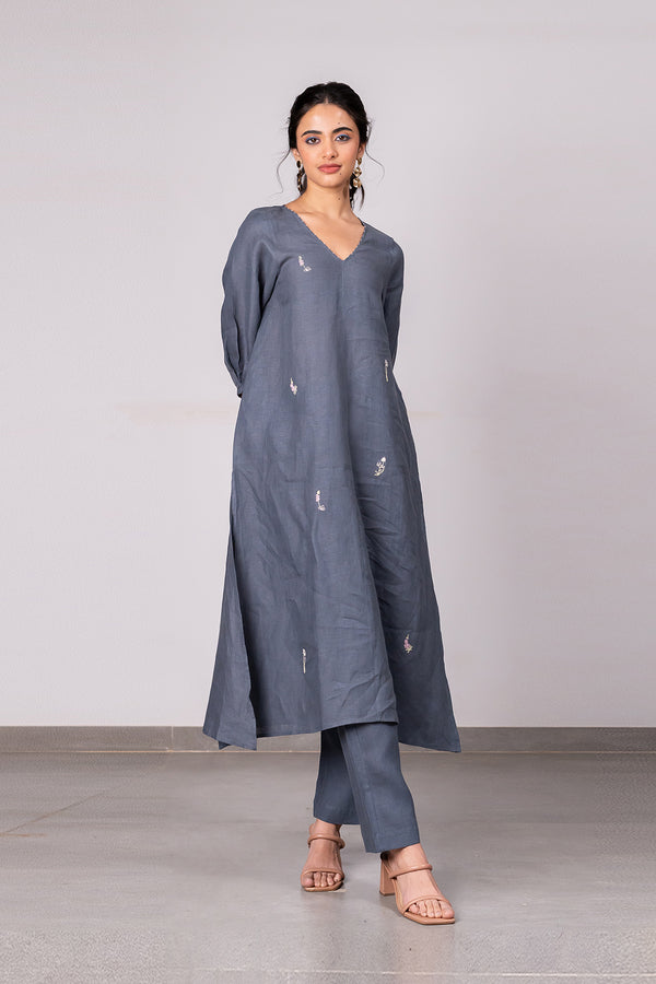 Sophia Linen Kurta-Pants Set With Pocket – Charcoal Grey
