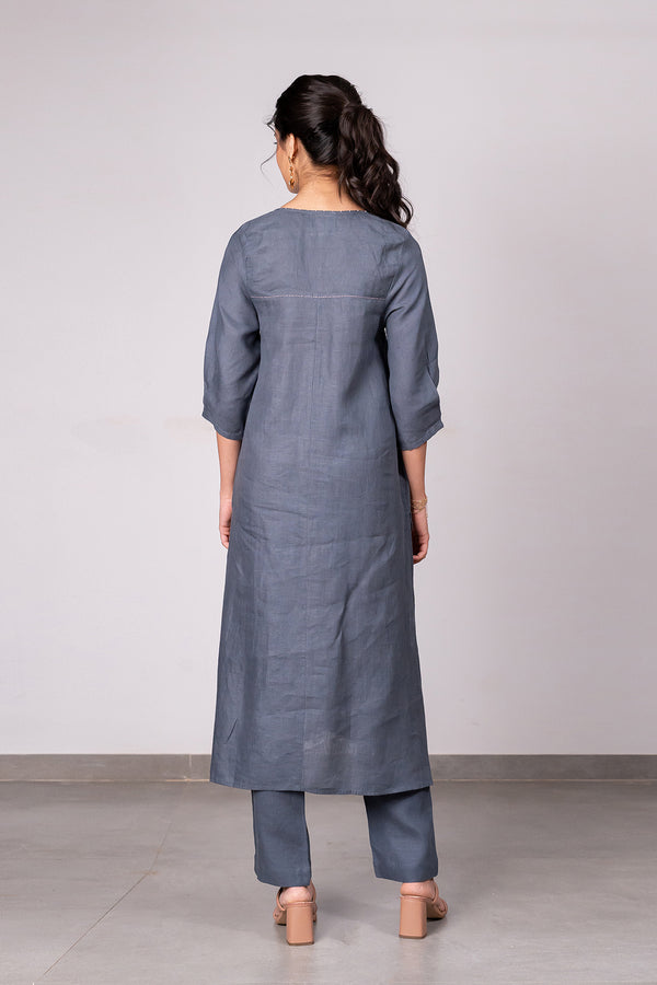 Sophia Linen Kurta-Pants Set With Pocket – Charcoal Grey