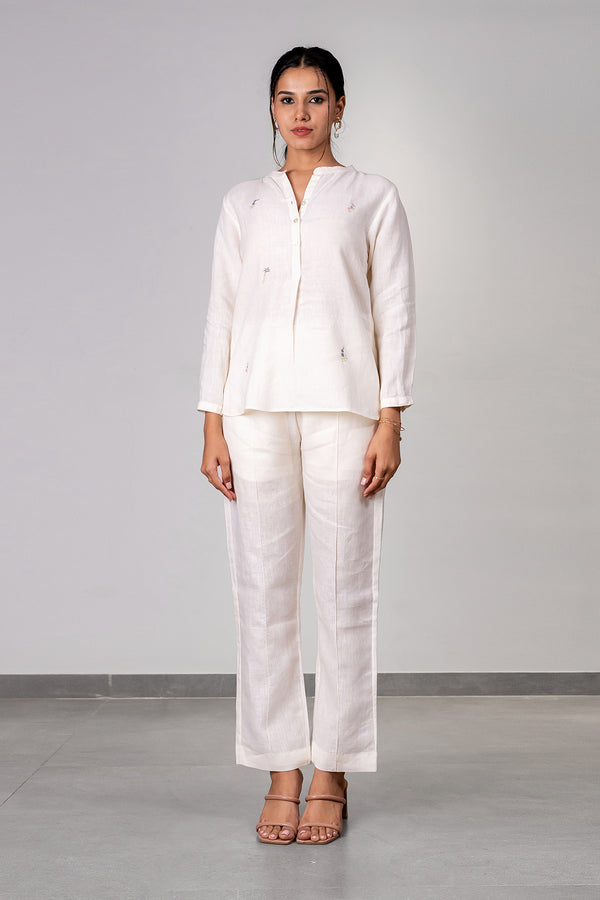 Stella Linen Half Placket Top - Off White