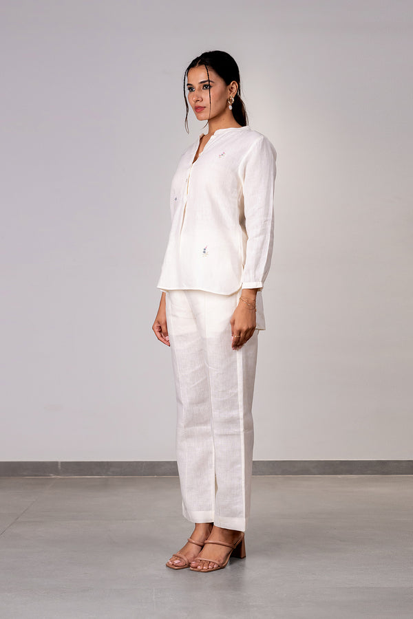 Stella Linen Half Placket Top - Off White