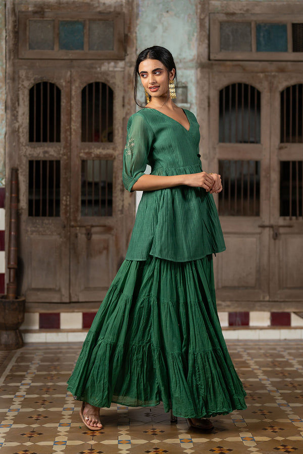 Suramya Multi-Tier cotton gather skirt - Green