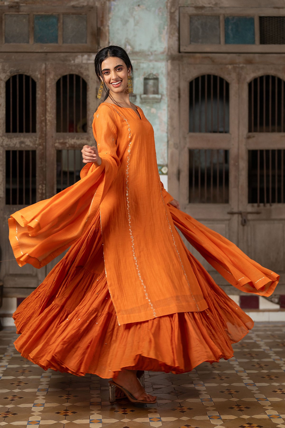 Suramya Multi - Tier cotton gather skirt - Orange
