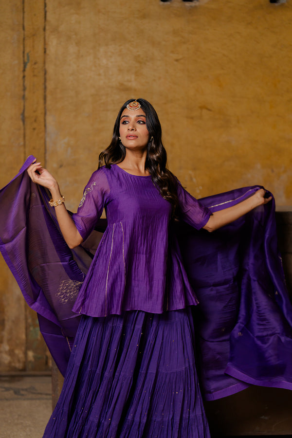 Suramya Multi-Tier cotton gather skirt - Purple