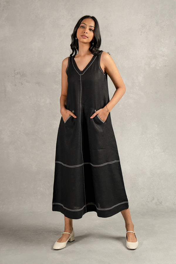Susan Linen A-Line Sleeveless  Dress with Welt Pockets- Black
