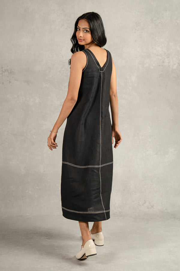 Susan Linen A-Line Sleeveless  Dress with Welt Pockets- Black