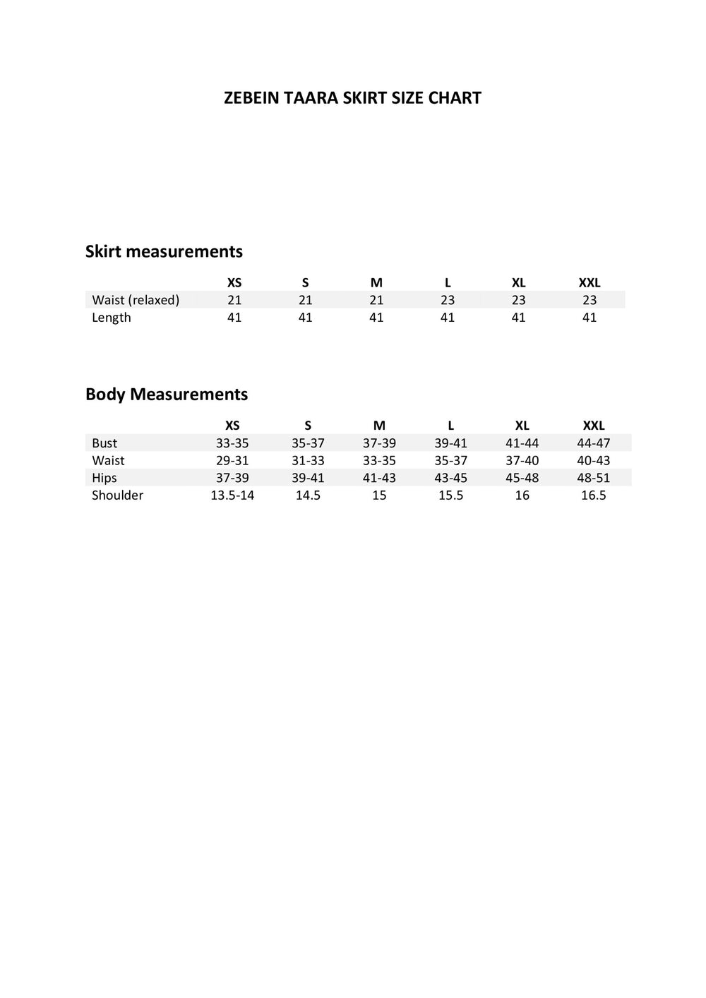 Size Chart 1