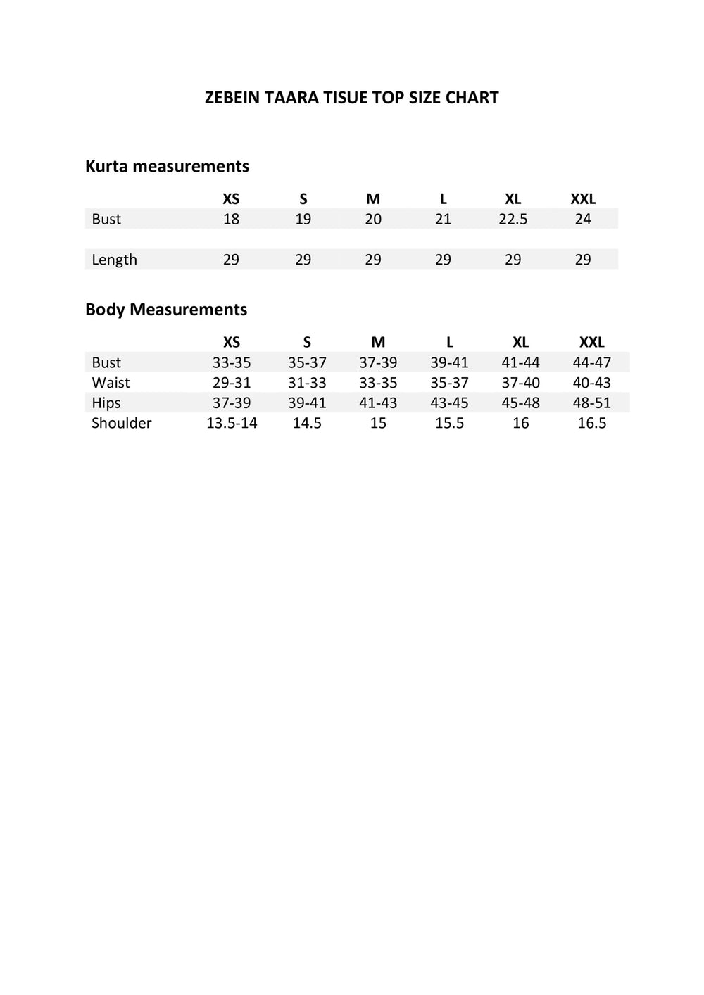 Size Chart 1