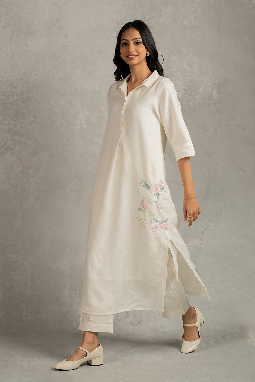 Tania Linen Half Placket Long Dress And Pant Set With Pockets – Off White