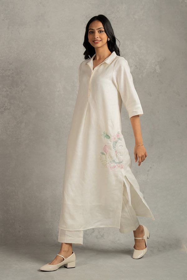 Tania Linen Half Placket Long Dress And Pant Set With Pockets – Off White