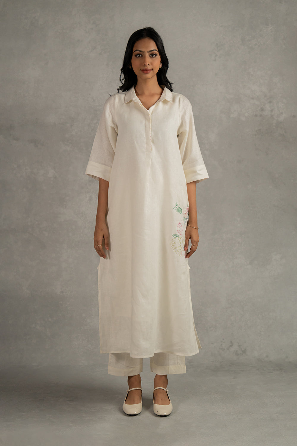 Tania Linen Half Placket Long Dress And Pant Set With Pockets – Off White