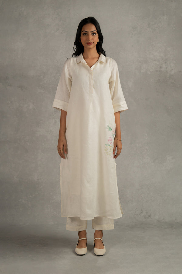 Tania Linen Half Placket Long Dress And Pant Set With Pockets – Off White